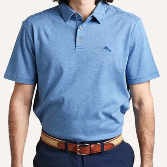 TOMMY BAHAMA Pacific Shore Polo Shirt  Men M Blue Allure Heather Striped Cotton - Picture 1 of 13